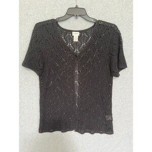 Liz Baker Cardigan Sweater 1X Black Open Knit Short Sleeve Fairy Grunge Ramie Bl